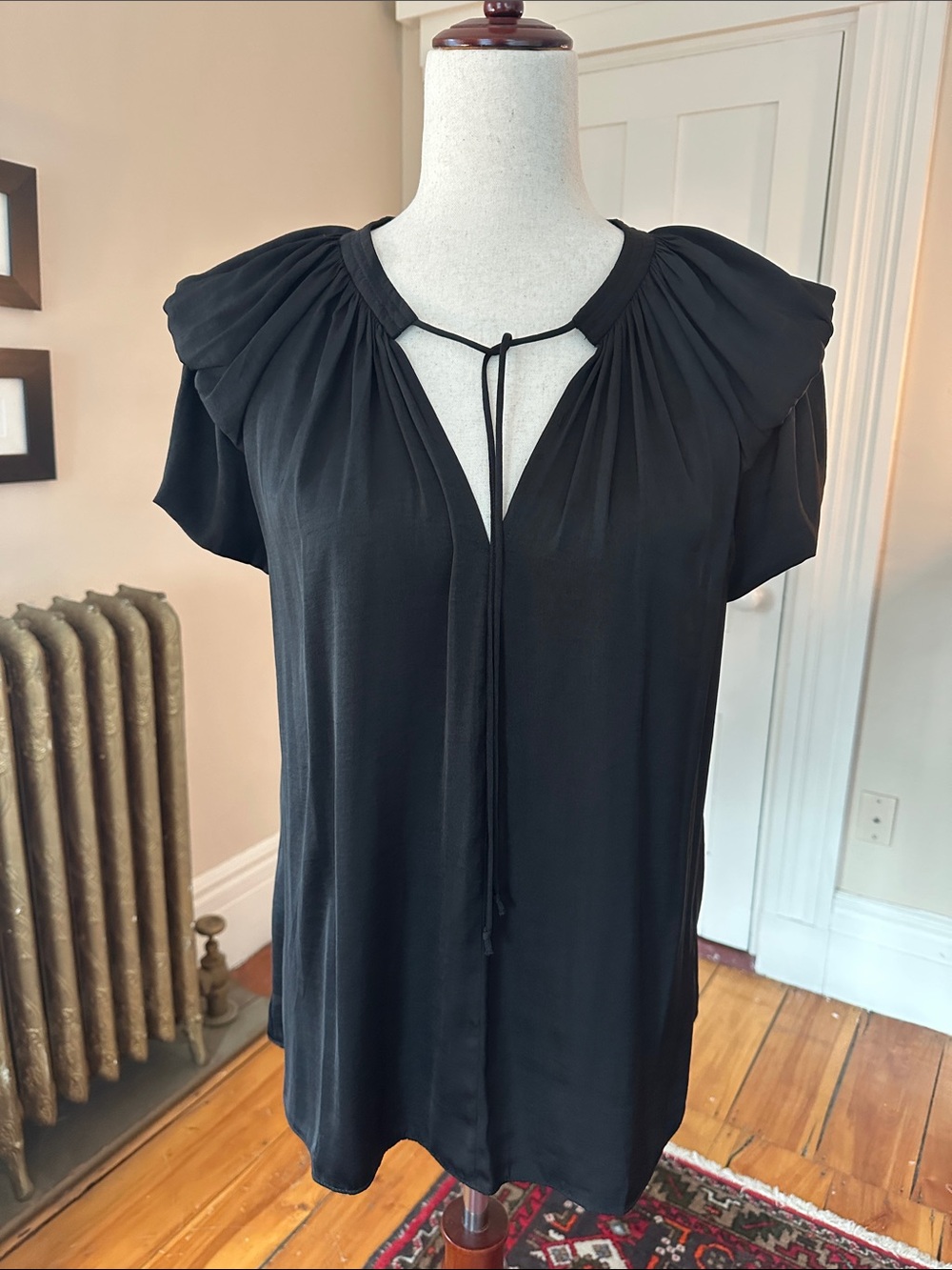 Catherine Malandrino Silky Black Tie-Neck Pleated Shoulder Blouse